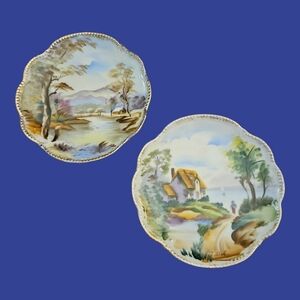 WALES MCM Japanese Handpainted Country Scene Scallop Porcelain Wall Plates